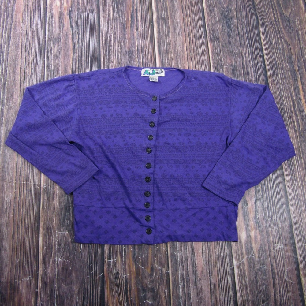 Brandon Button-Up Womens M Purple Cropped 3/4 Sleeve Crew Neck Granny Core 90s